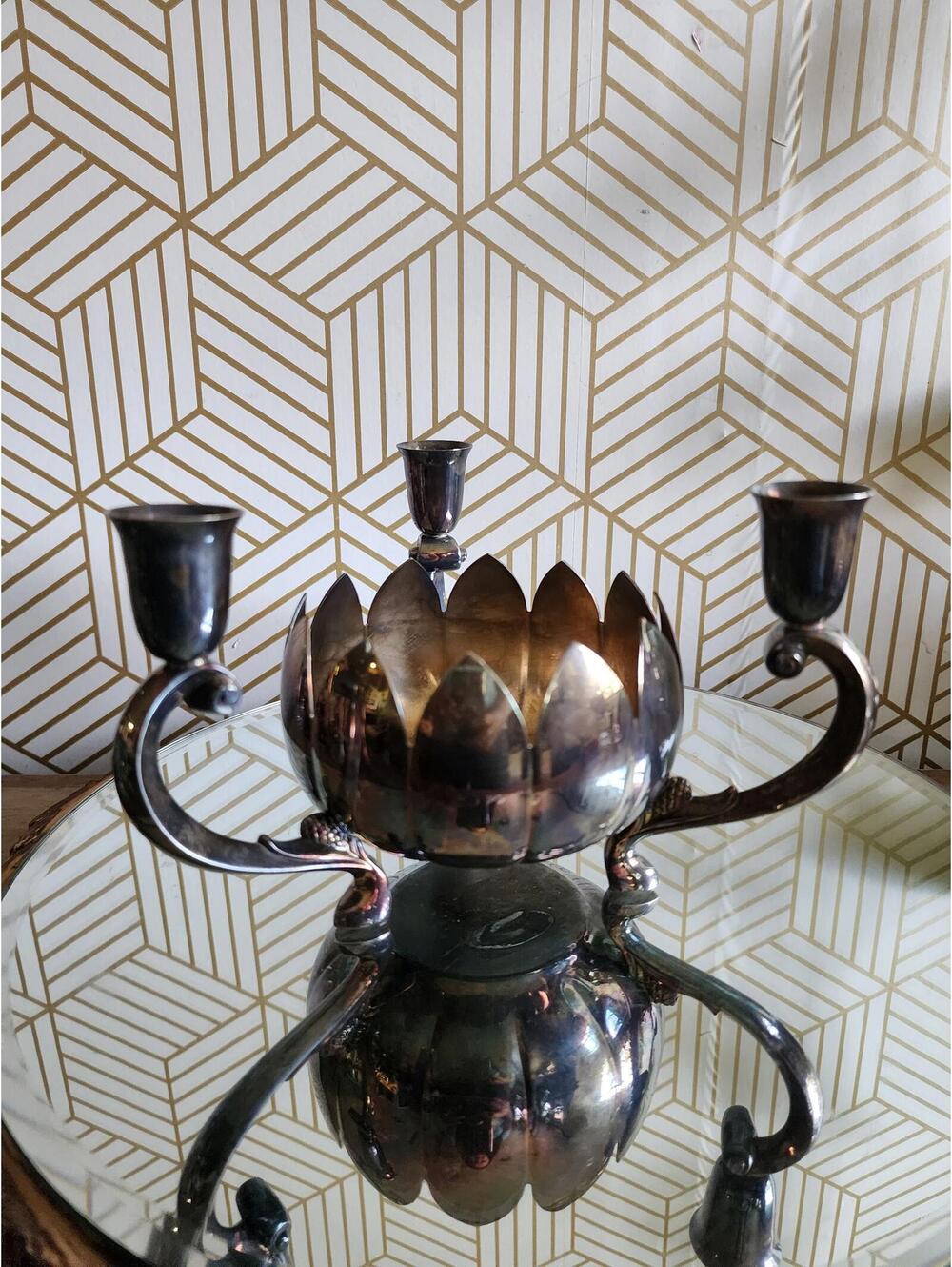 Vintage Reed & Barton Silver Plate Lotus Candelabra Centerpiece Bowl